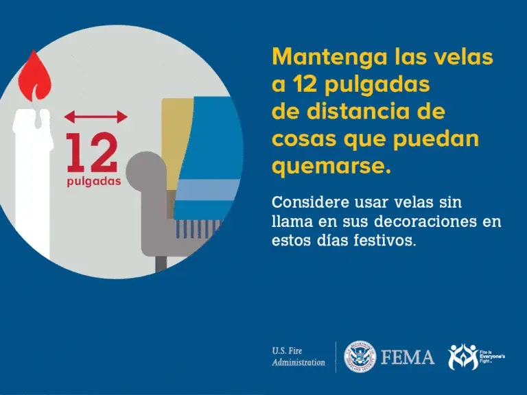 Illustration showing a lit candle with the text: “Mantenga las velas a 12 pulgadas de distancia de cosas que puedan quemarse. Considere usar velas sin llama en sus decoraciones en estos días festivos.”.