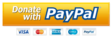 A yellow button reads "Donate with PayPal," with logos for Visa, MasterCard, American Express, Cirrus, and PayPal shown below, indicating accepted payment methods.