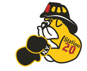 Cartoon bulldog wearing a black firefighter helmet, black boxing gloves labeled "N.Y.," and has a "Station 20" tattoo on its arm.