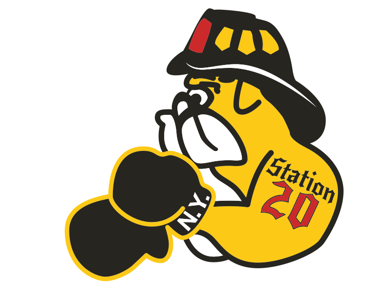 Cartoon bulldog wearing a black firefighter helmet, black boxing gloves labeled "N.Y.," and has a "Station 20" tattoo on its arm.